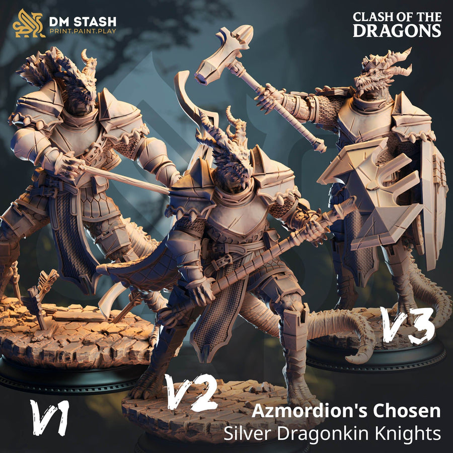 Three variants of Azmordion's Chosen Dragonkin Knight miniatures featuring heavy armor and diverse melee weaponry