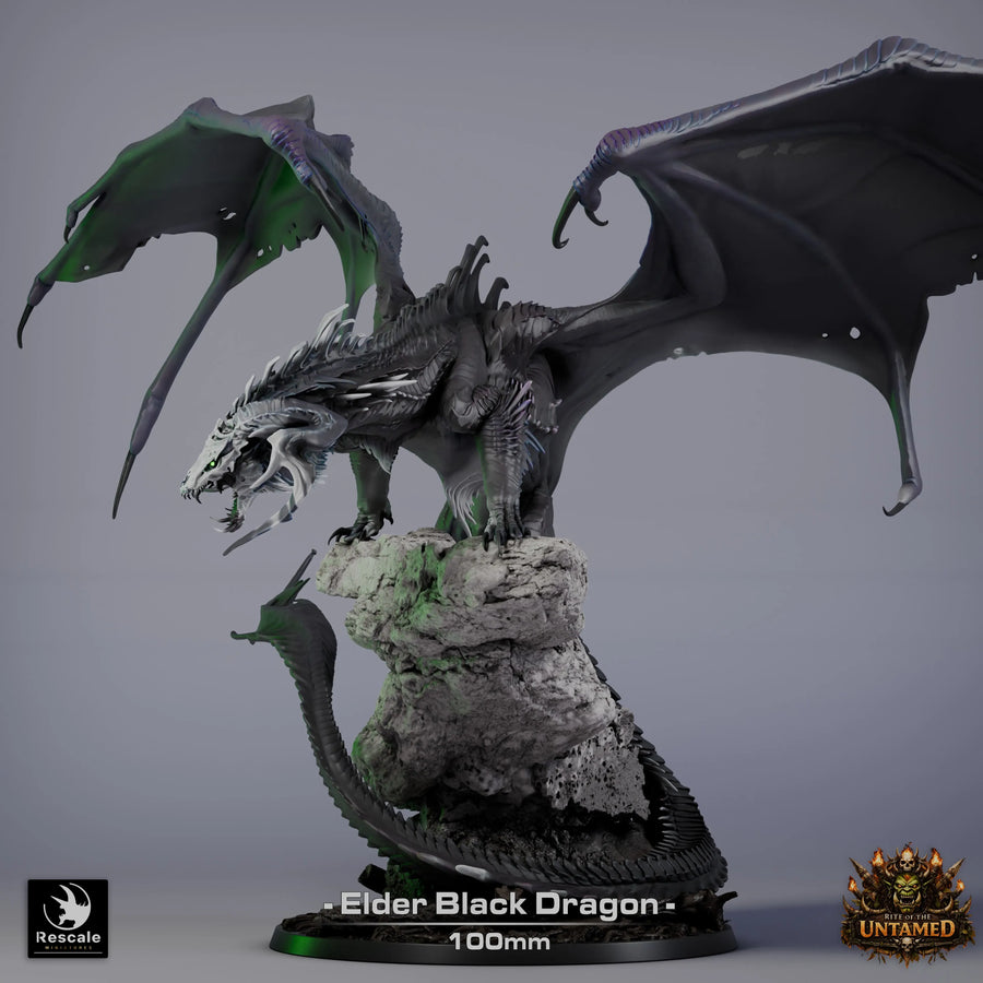 Side profile of an Elder Black Dragon miniature standing on a jagged rock terrain base