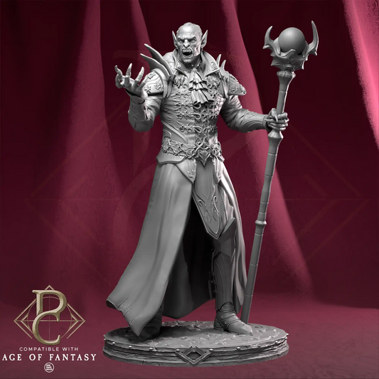 Fantasy figurine with armor and staff on a red background, compatible with Age of Fantasy.