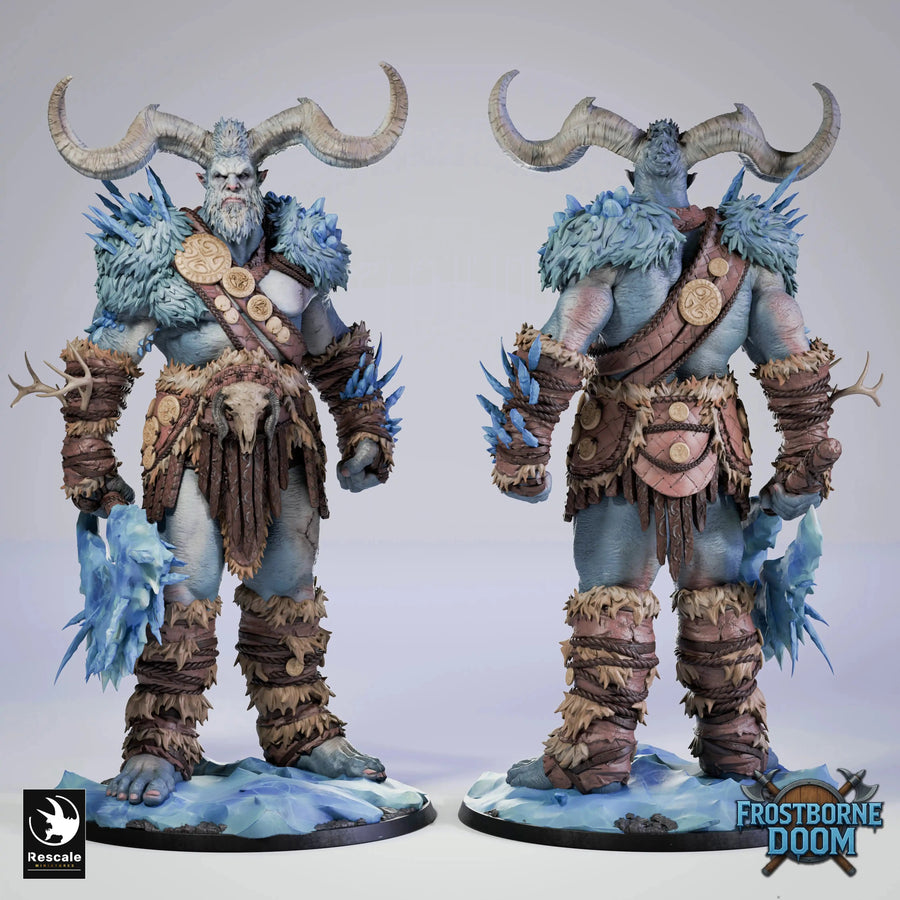 Full body view of the Ice Giant Thulgar monster miniature from front and back angles
