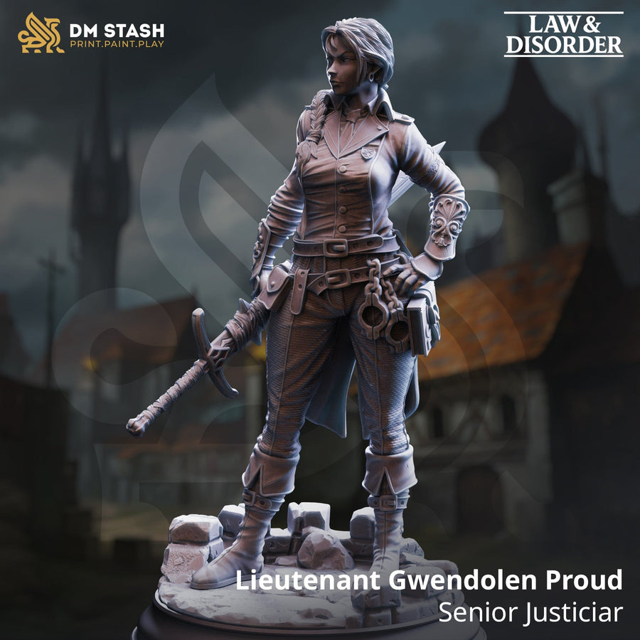 3D-gedruckte Miniatur einer menschlichen Kommandantin im 32mm und 75mm Maßstab auf einem steinigen Untergrund.