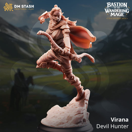 Detailed image of a 32mm tabletop Devil Hunter miniature Virana by Quality Miniatures, showing her with a mask and weapon.