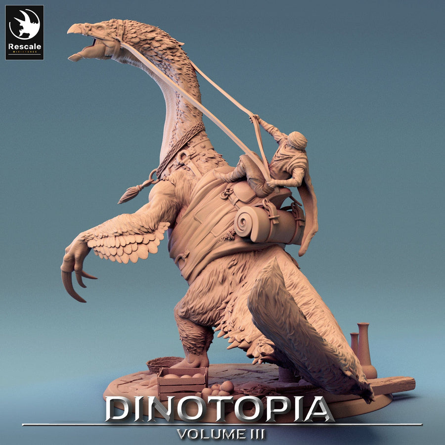 Close-up perspective of the Therizinosaurus and rider, highlighting the saddle and gear details