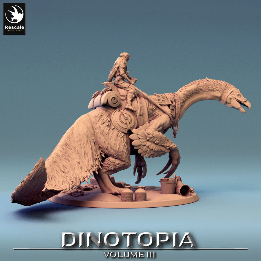 Side angle shot of a 3D-printed feathered Therizinosaurus carrying a rider and gear