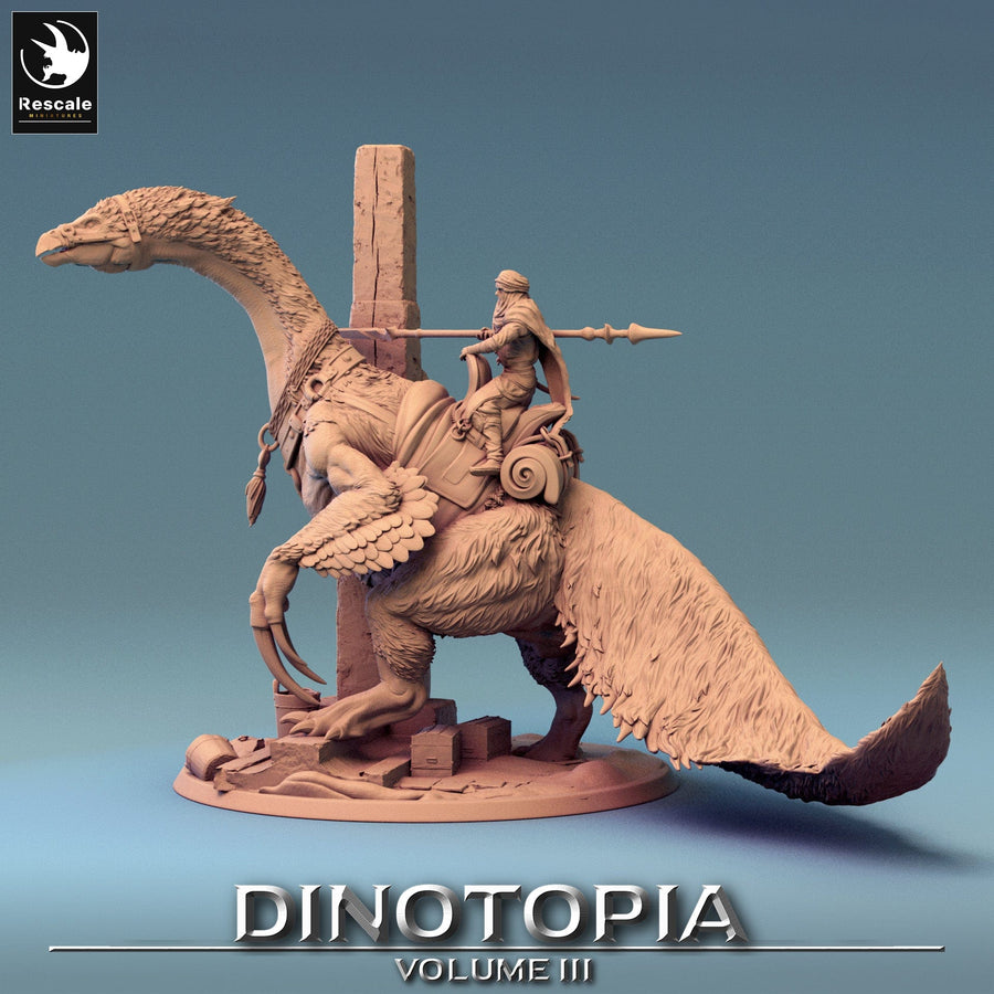 Full side view showing the feathered dinosaur and rider model for tabletop gaming.