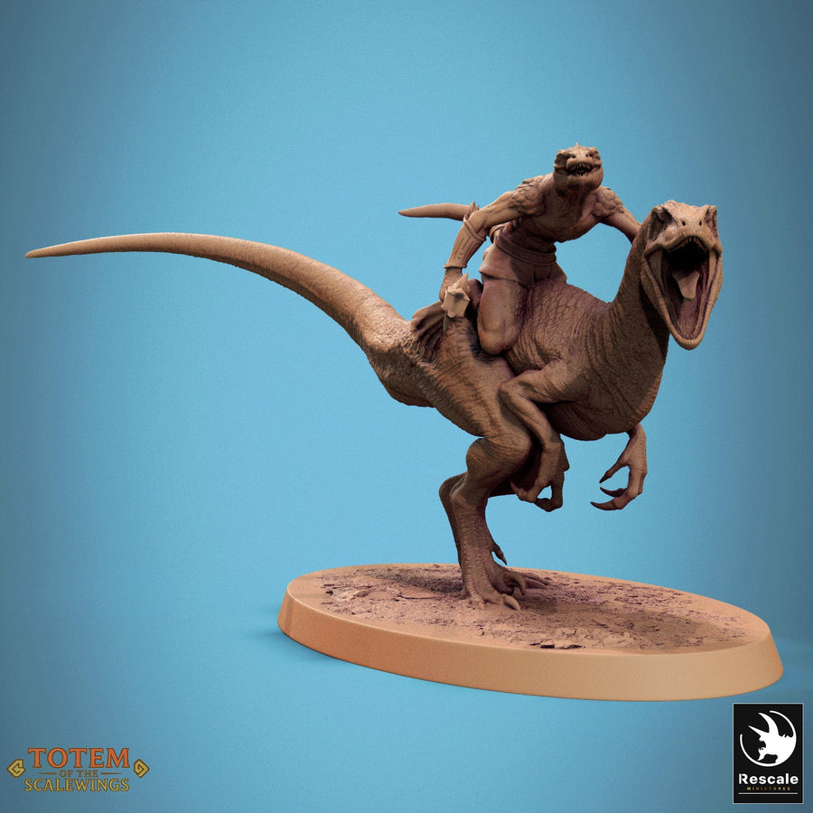 3D-printed resin Velociraptor miniature with rider, roaring mouth, side profile view.