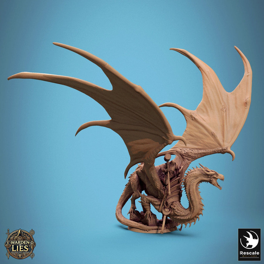 Perspektivische Ganzansicht der Fantasy Drachenreiter Miniatur für den Spieltisch.