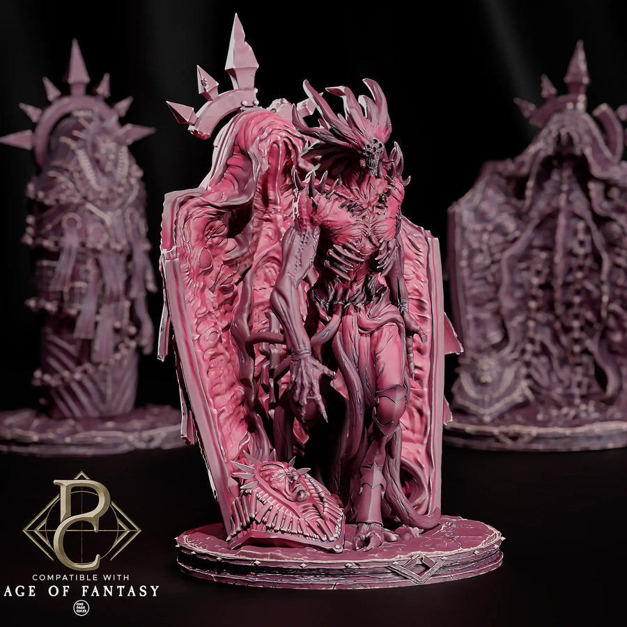 Primarch of the Radiant Seal miniature standing in front of an ornate sarcophagus on a dark background