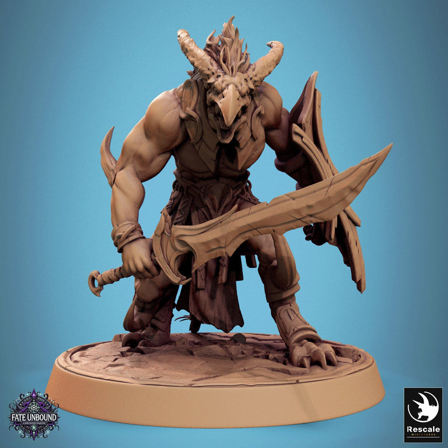 Skorath warrior model holding a sword and shield, viewed from a slight side angle