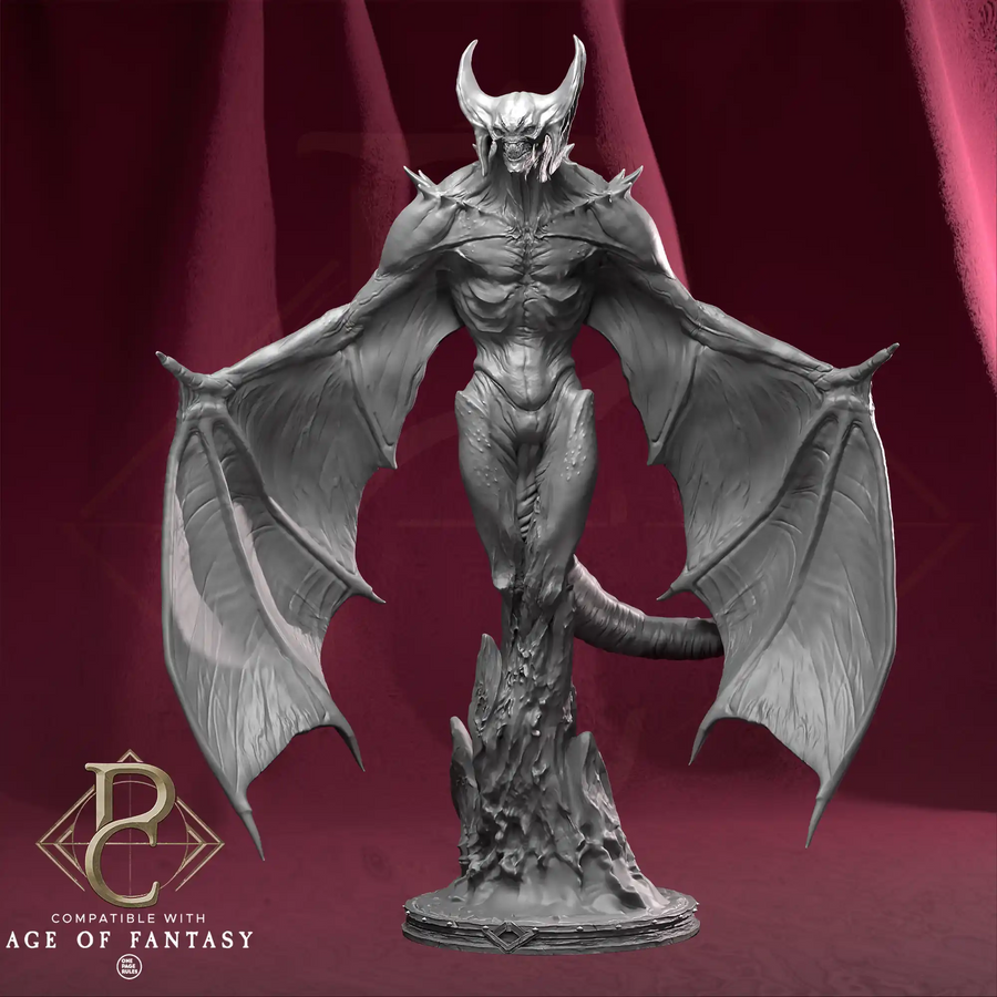 Front view of the Maeroth Wing of Torment humanoid demon miniature with wings spread wide