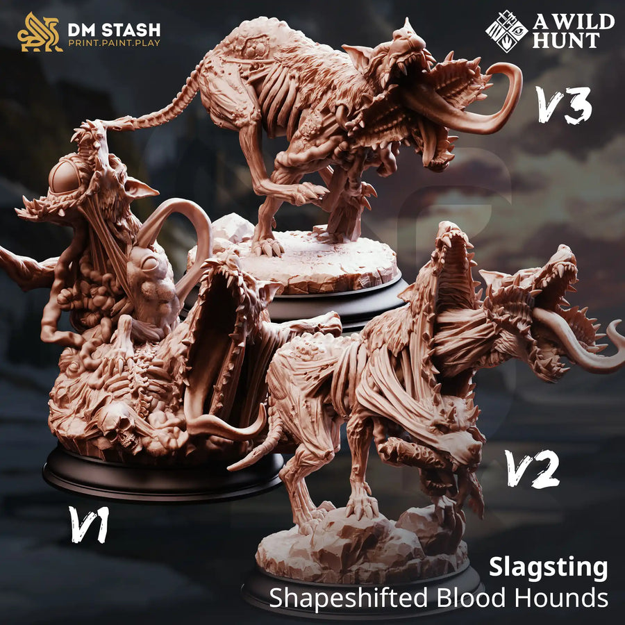 Collection of three Slagsting Blood Hound monster miniatures showing different horrifying creature variations