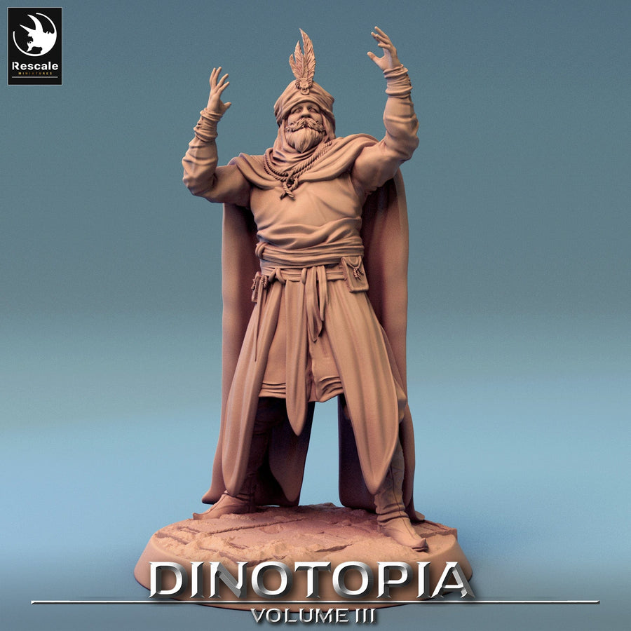 Frontal view of the 3D-printed male NPC miniature featuring a turban and flowing robes on a circular base.