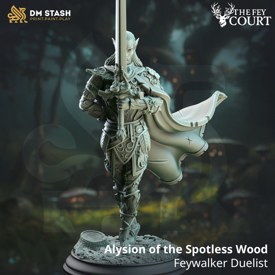 Alysion of the Spotless Wood elf sword fighter standing with a tall blade, highly detailed 3D-printed resin miniature