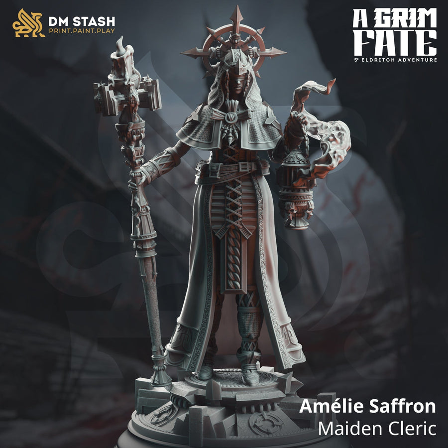 Digital render of Amélie S Maiden Cleric with staff and lantern on base