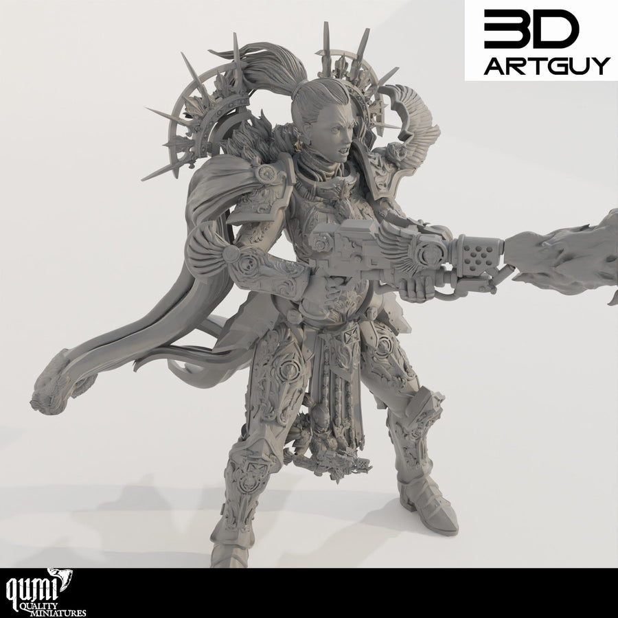 Vorderansicht einer 3D-gedruckten Paladin-Miniatur, die eine Waffe mit Flammeneffekt hält.