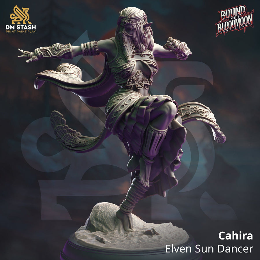 Cahira the Elven Sun Dancer 3D-printed resin miniature in a dynamic dancing pose on a rocky base