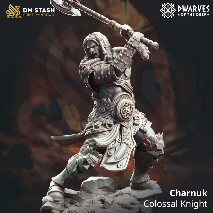 3D-gedruckte Ritter-Miniatur namens Charnuk in dynamischer Kampfpose mit großer Axt aus Resin.