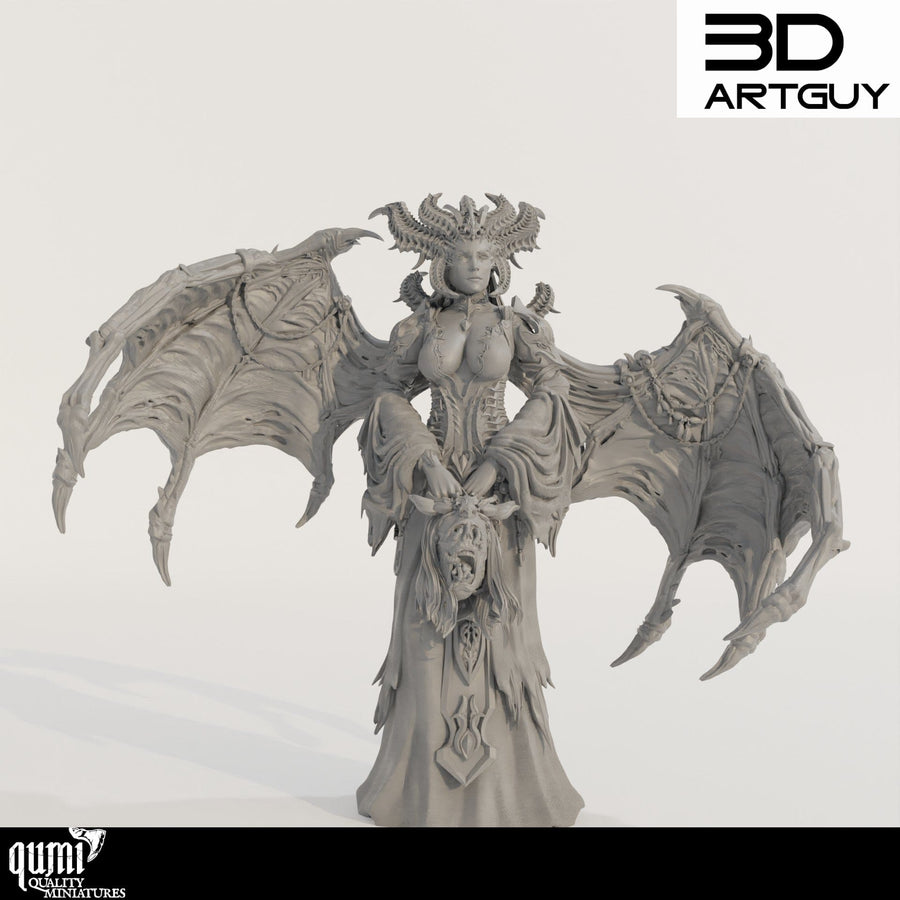 Full front view of a winged demon lord miniature holding a severed head.