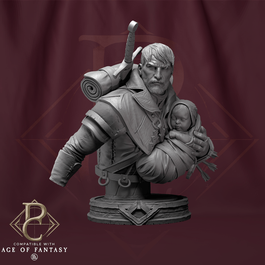 Tabletop RPG Miniature Eon and the child Bust - 32mm Qumi - Parasite Collectibles Quality Miniatures - Qumi Wargaming Mini Model Figure