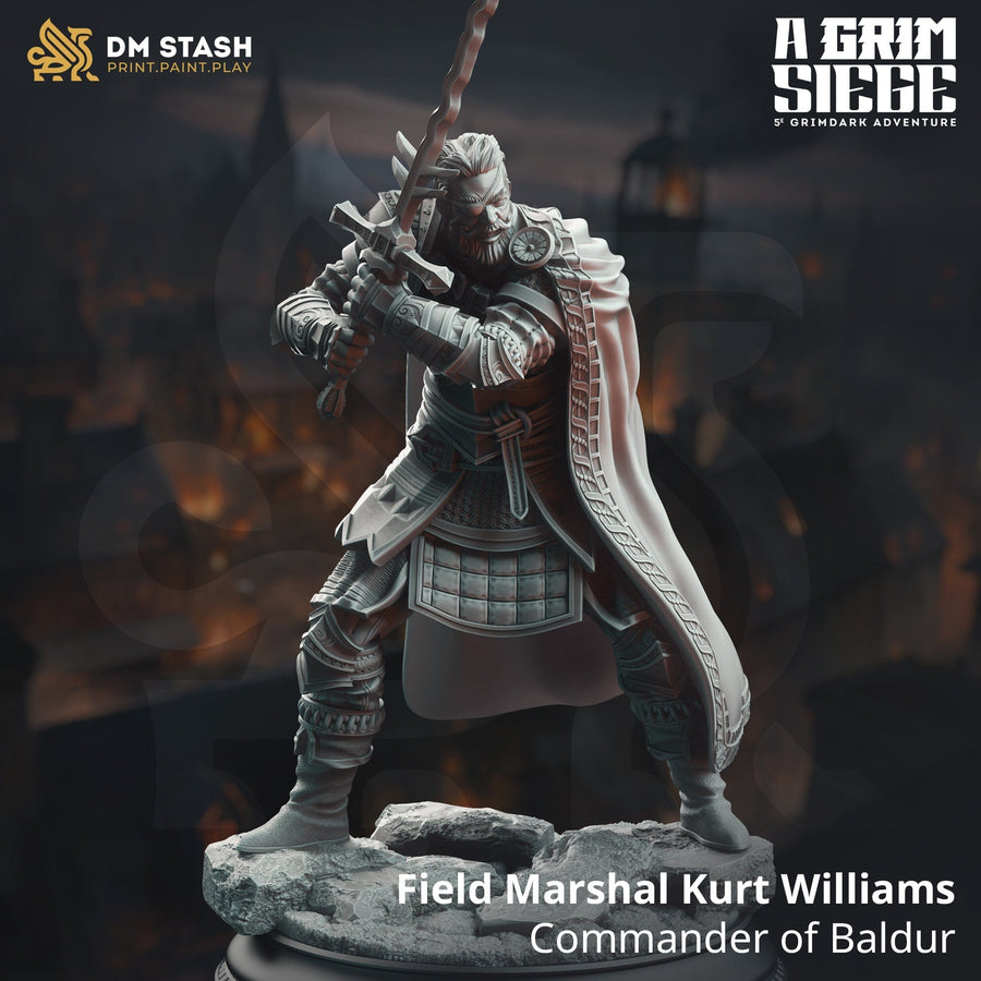 Feldmarschall Kurt Williams Miniatur in dynamischer Kampfpose mit Schwert auf einem Fels-Base.