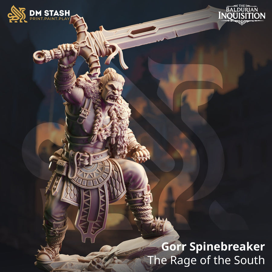 Dynamische 3D-gedruckte Ork-Krieger Miniatur aus Resin mit großem Schwert, neutralgraue Oberfläche.