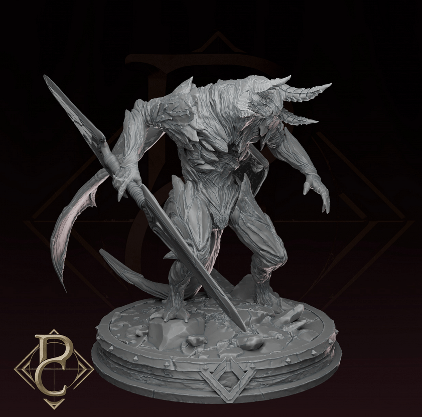 Side profile of the Irgren spear fighter miniature featuring detailed demonic armor and a long spear.