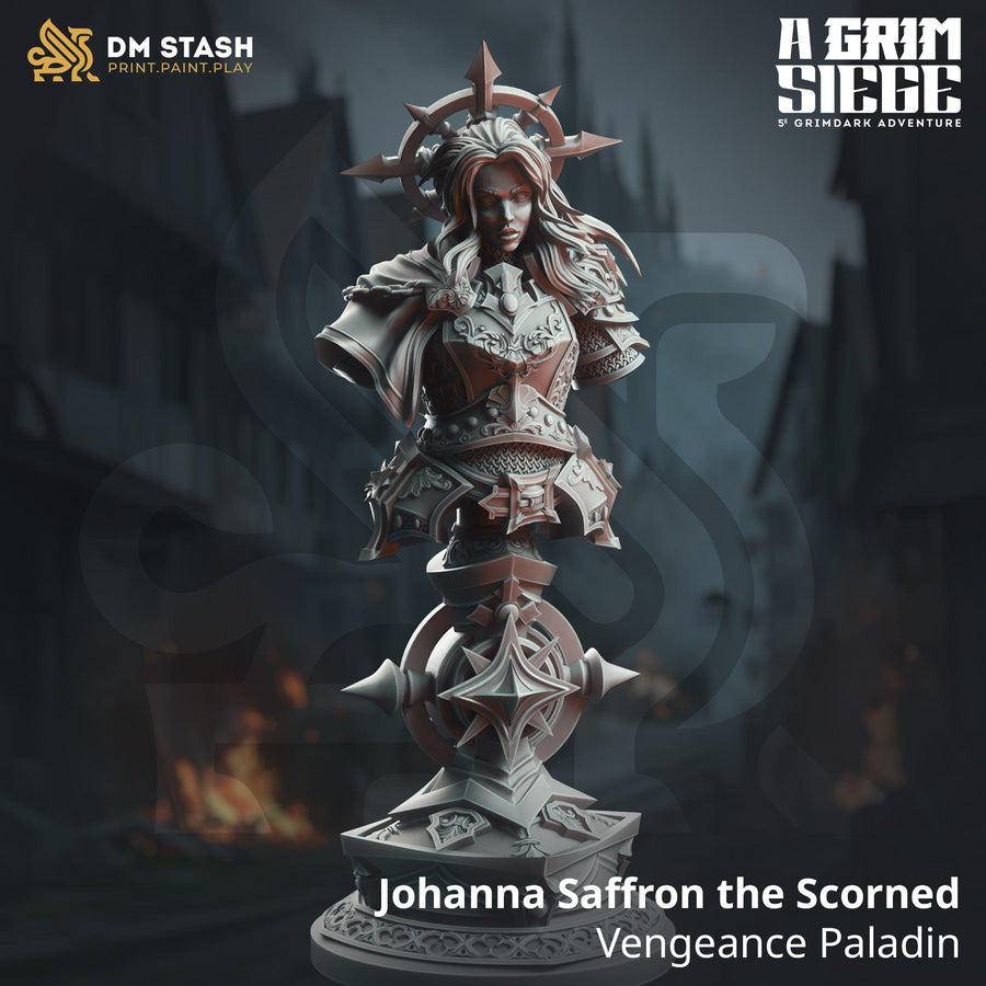 Frontansicht der Johanna Saffron the Scorned Display-Büste mit detailreicher Plattenrüstung und Heiligenschein auf einem Sockel.