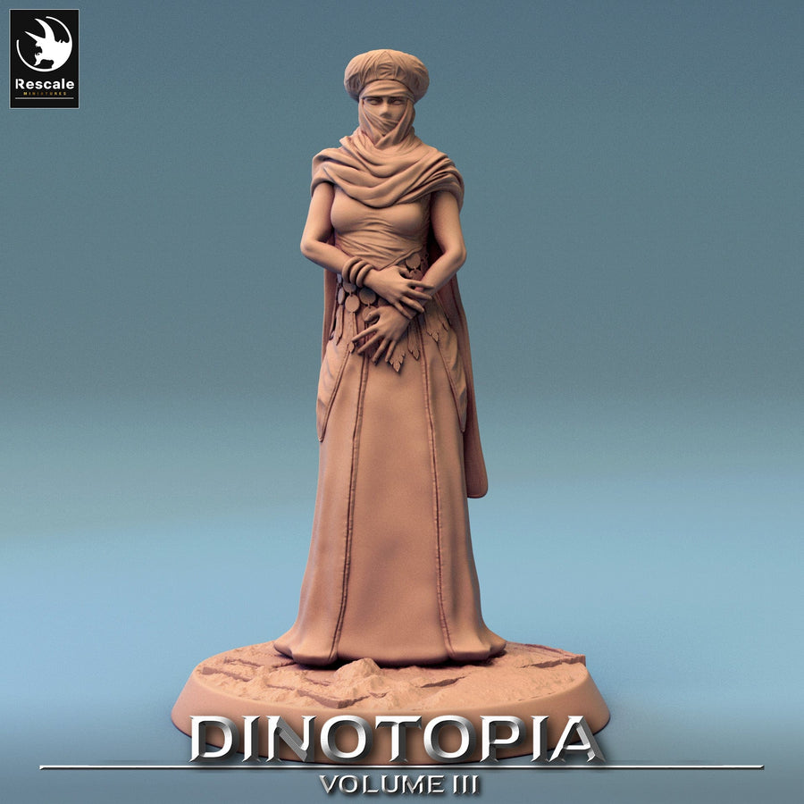 Front view of a 3D-printed human female NPC miniature wearing a headscarf and flowing robes.