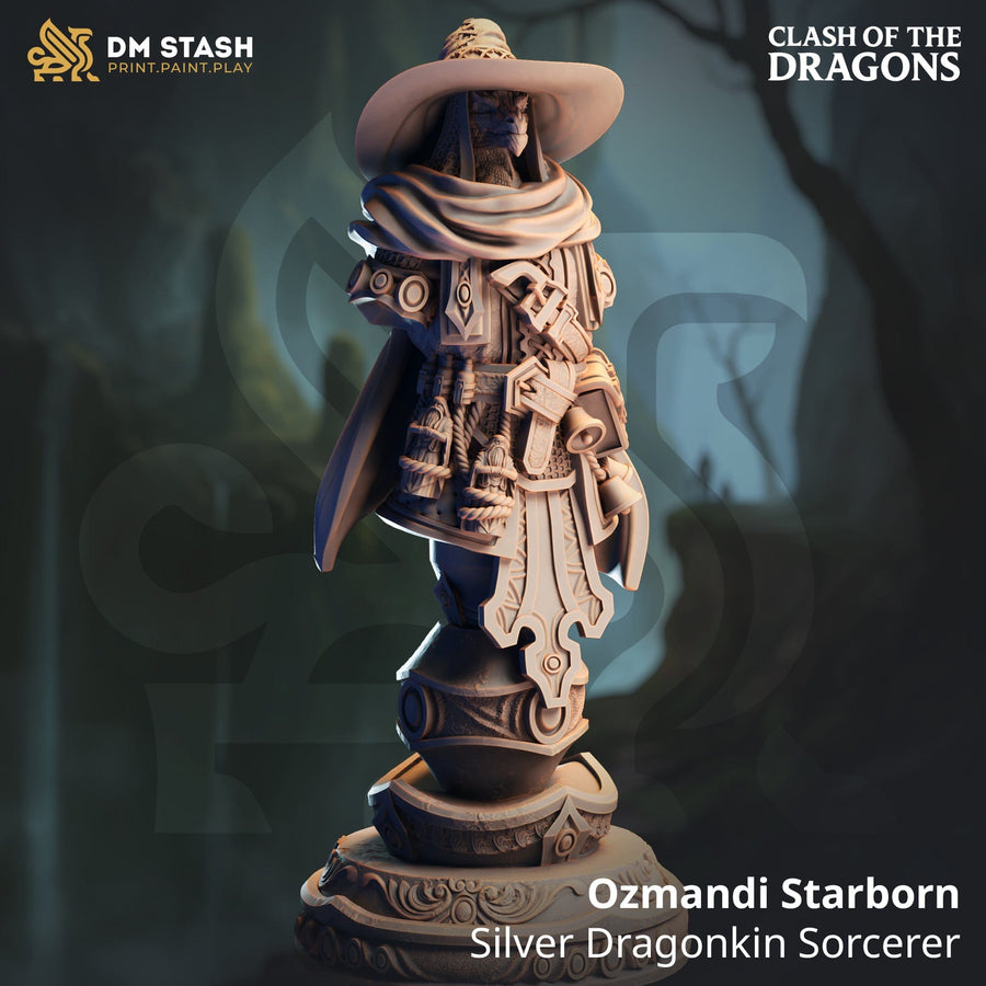 Ozmandi Starborn silver dragonkin sorcerer bust in a wide-brimmed hat on an ornate circular display base.