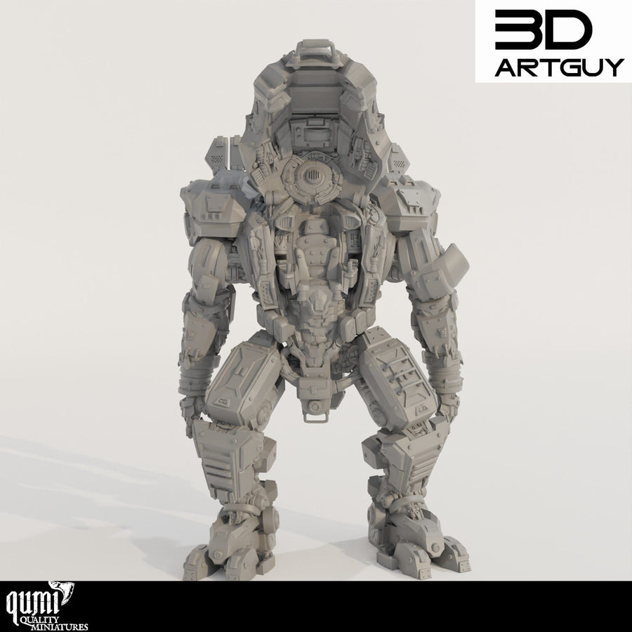 Vorderansicht einer 3D-gedruckten Sci-Fi-Roboter-Miniatur mit komplexen mechanischen Details.