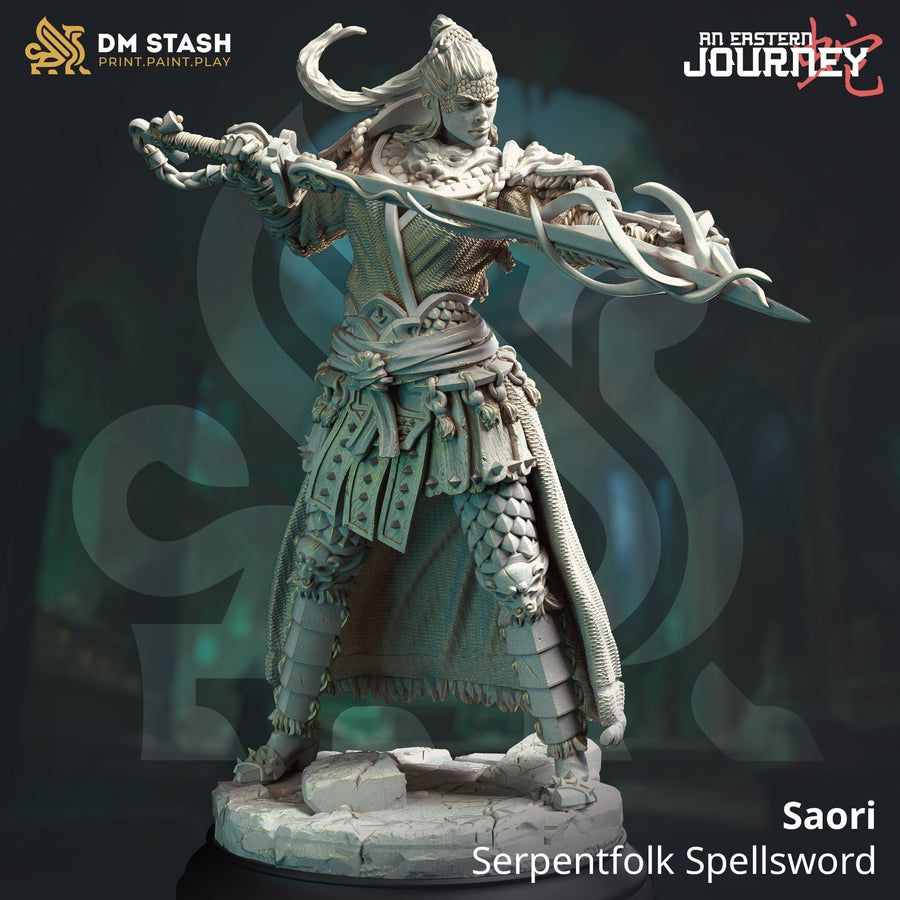 Resin 3D-printed Saori Serpentfolk Spellsword miniature in a dynamic combat pose holding a mystical sword.