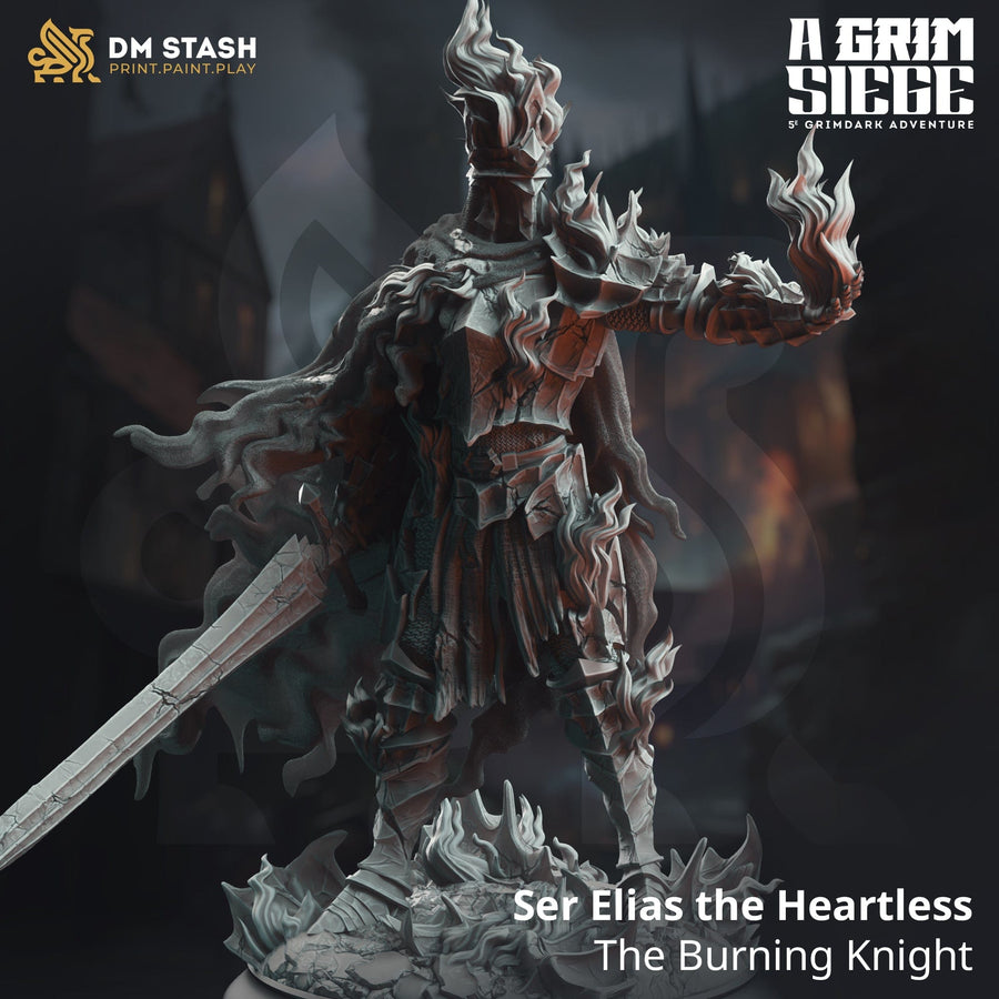 3D-Modell von Ser Elias, einem Ritter in magischen Flammen mit Schwert und brennender Hand.