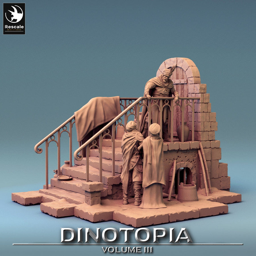 Vorderansicht eines Fantasy-Steintreppen-Dioramas mit drei Miniaturfiguren