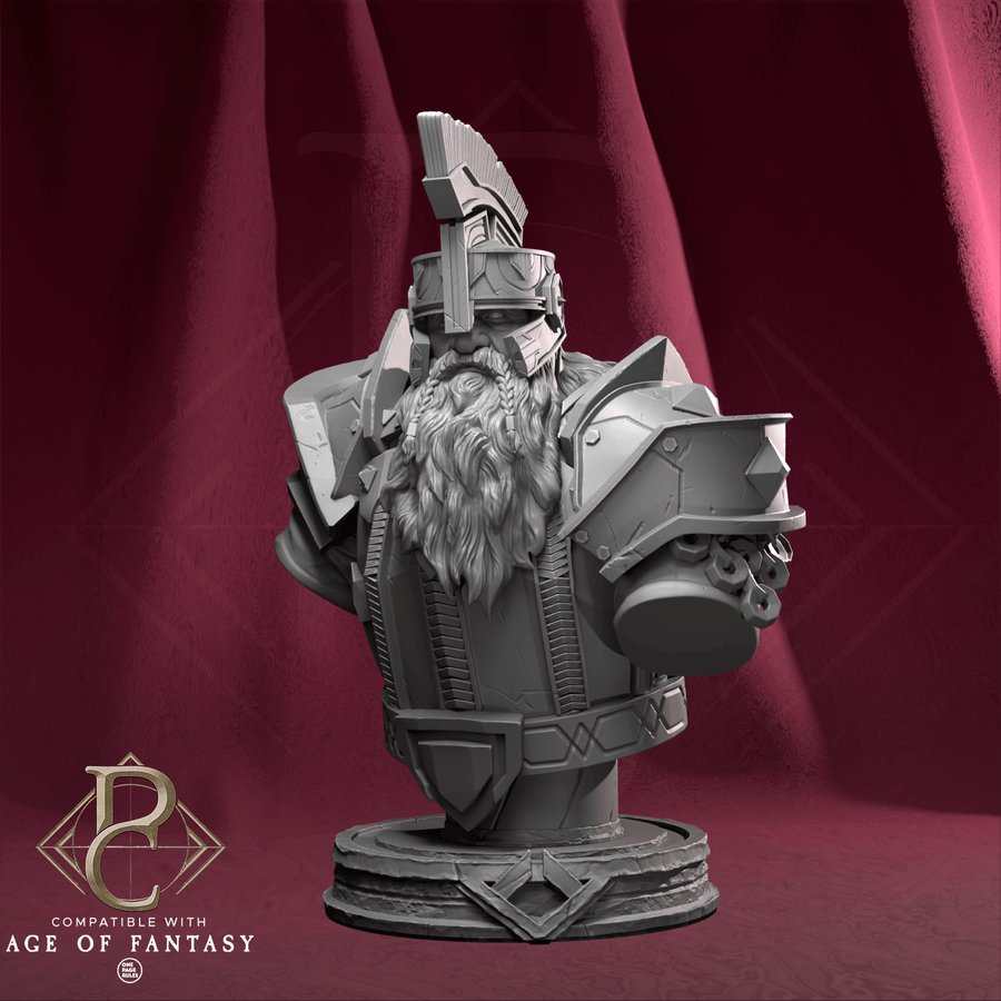 Stormkeeper Torbjorn Fantasy-Zwergenkrieger Miniatur-Büste aus grauem Resin vor rotem Hintergrund