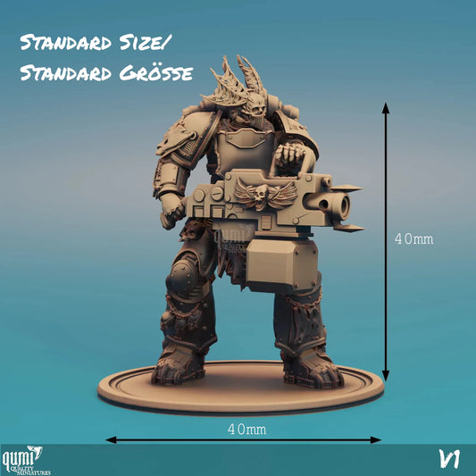 3D sci-fi warrior terror soldier tabletop miniature by Qumi for wargaming or RPG, detailed sci-fi character figure.