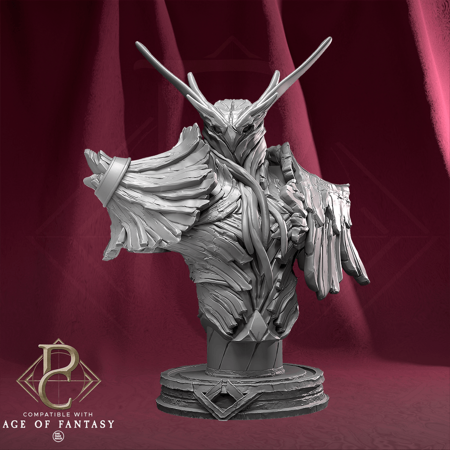 Graue, 3D-gedruckte Resin-Büste des Verdant Sentinel mit detaillierter Holz-Struktur auf einem runden Sockel.