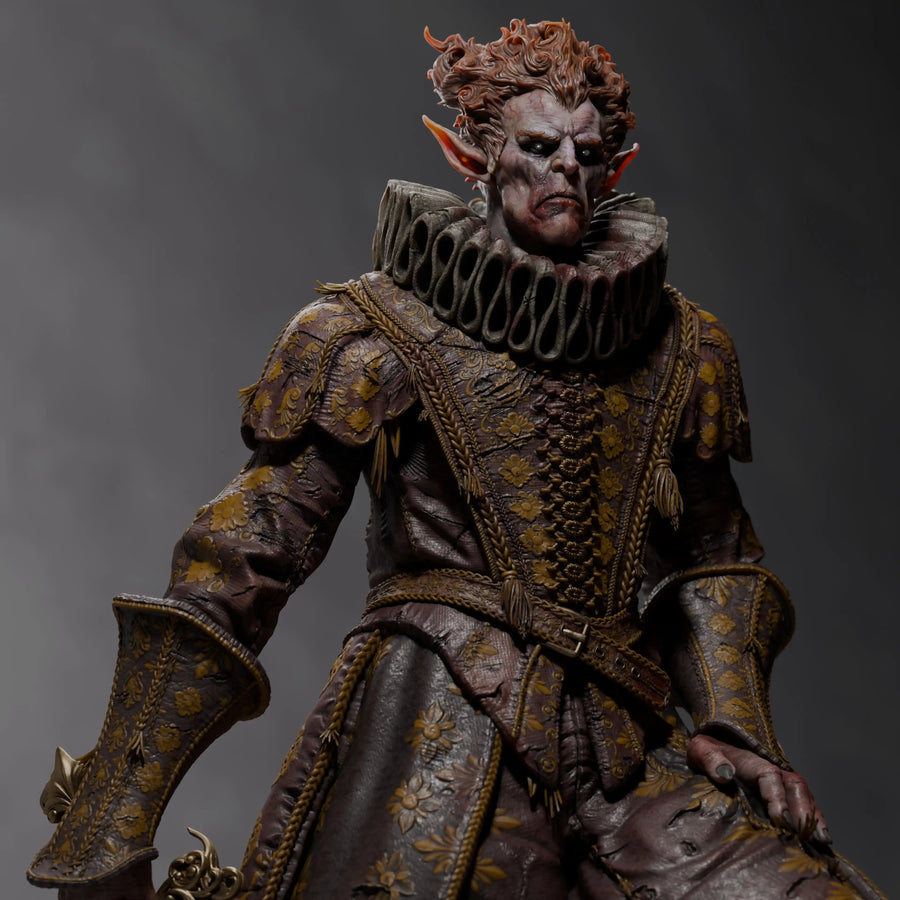 Close-up portrait of the undead sword fighter Lord Vermillon miniature with intricate ruff collar detail.