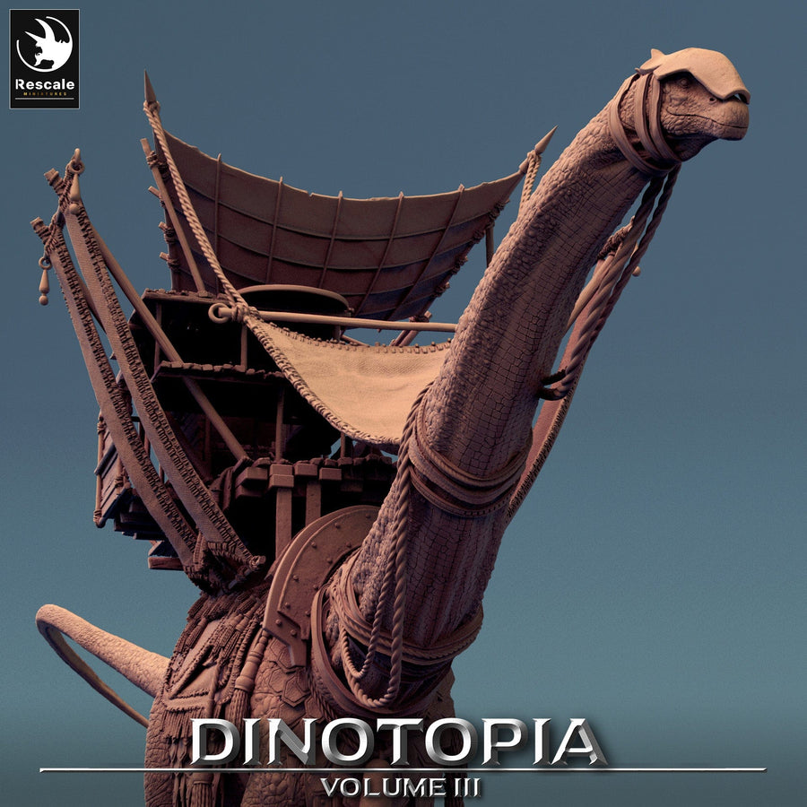 Side profile view of the Diplodocus with a large caravan structure mounted on its back.