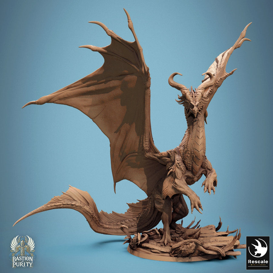 Side profile view of a majestic bronze dragon miniature perched on a rock base with intricate scale textures.
