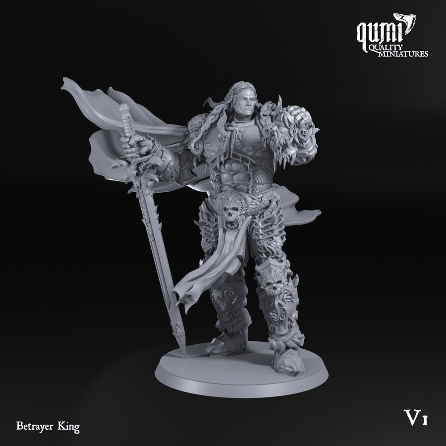 Front view of the Betrayer King sword fighter miniature standing on a round base.
