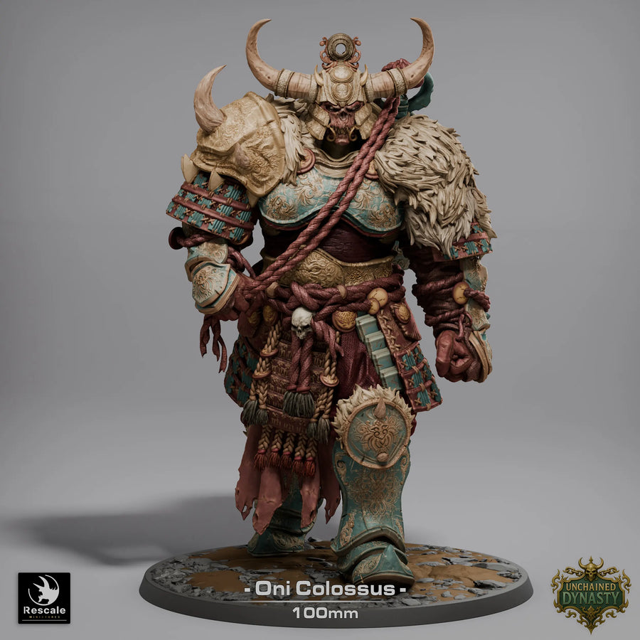 Front view of the detailed Oni Colossus monster miniature in armored traditional fantasy-style plating.
