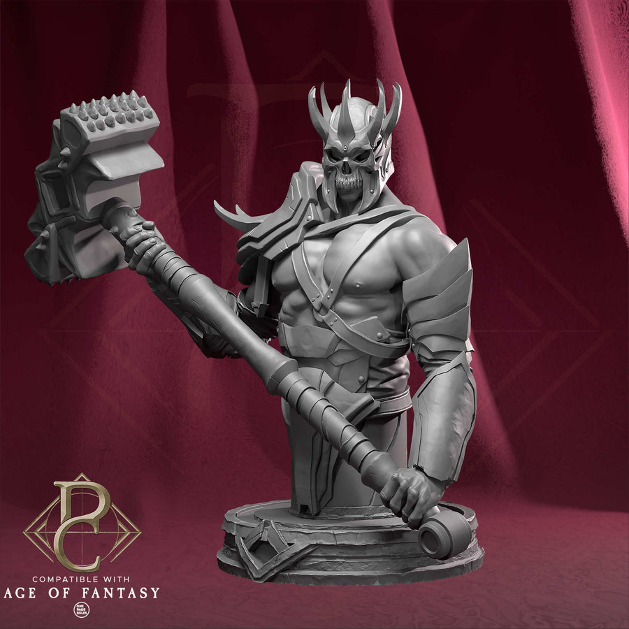 Detailed resin bust of Warden Blackhelm wearing a skull mask and holding a massive warhammer.