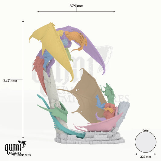 Battle of Dragons the Hollow Eclipse Tabletop Diorama dragon miniature - assembly overview with colour-coded parts and measurements