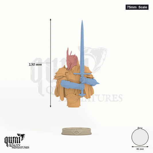 The Shadowed King Miniature Bust 75mm - colour-coded parts render, 130 mm tall, 3 body parts, 46 mm round base