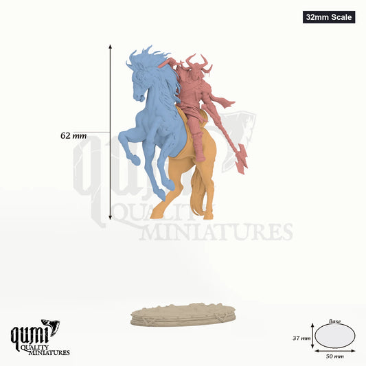 Human Mounted Fighter Tabletop Miniature - Valdyr Mounted 32mm Scale - colour-coded parts render, 62 mm tall, 3 body parts, 50 x 37 mm oval base