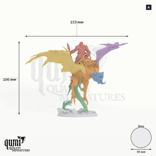 Wyvern Wings of the Untamed Dragon Tabletop Miniature dragon miniature - assembly overview with colour-coded parts and measurements