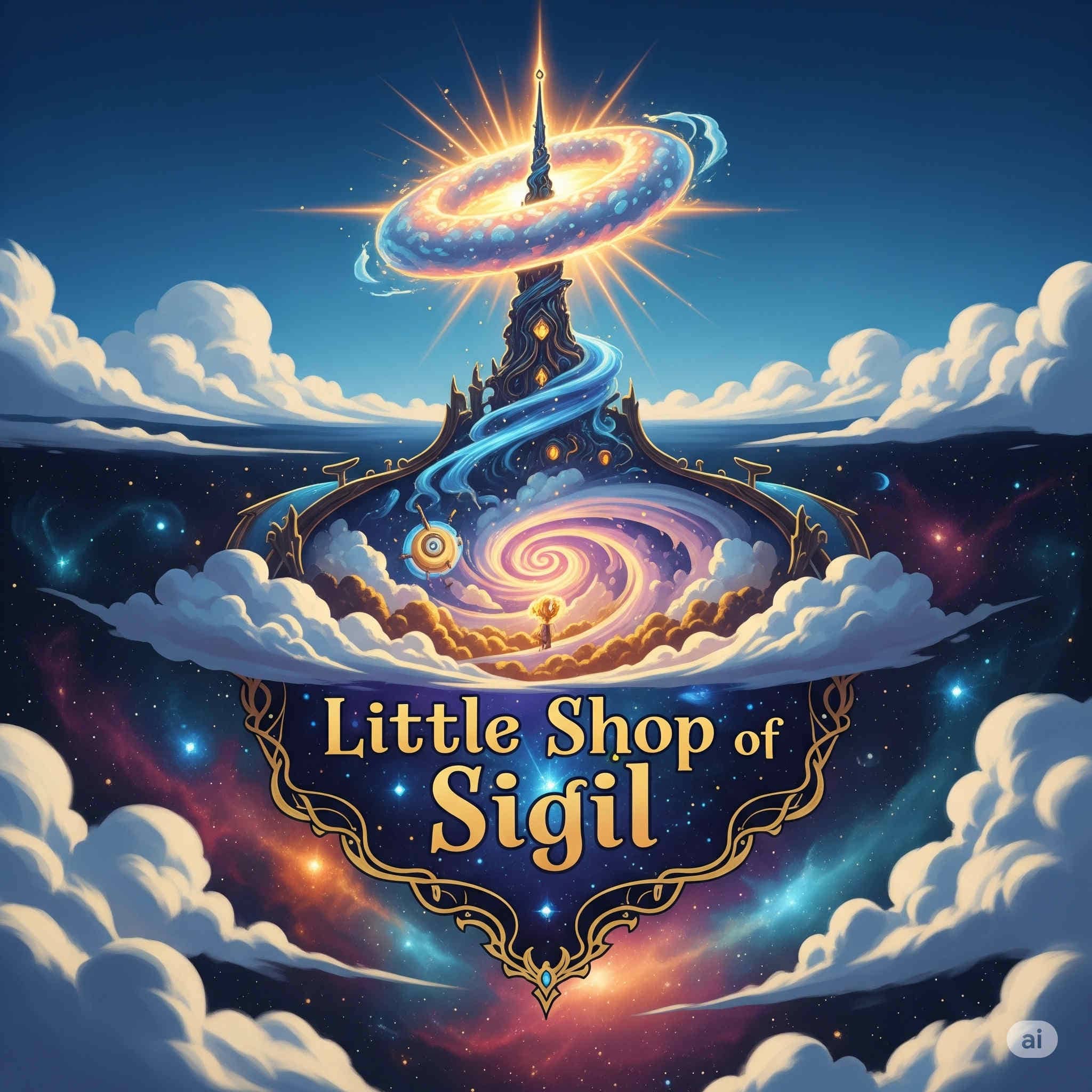 Little Shop of Sigil Logo with blue sky and clouds