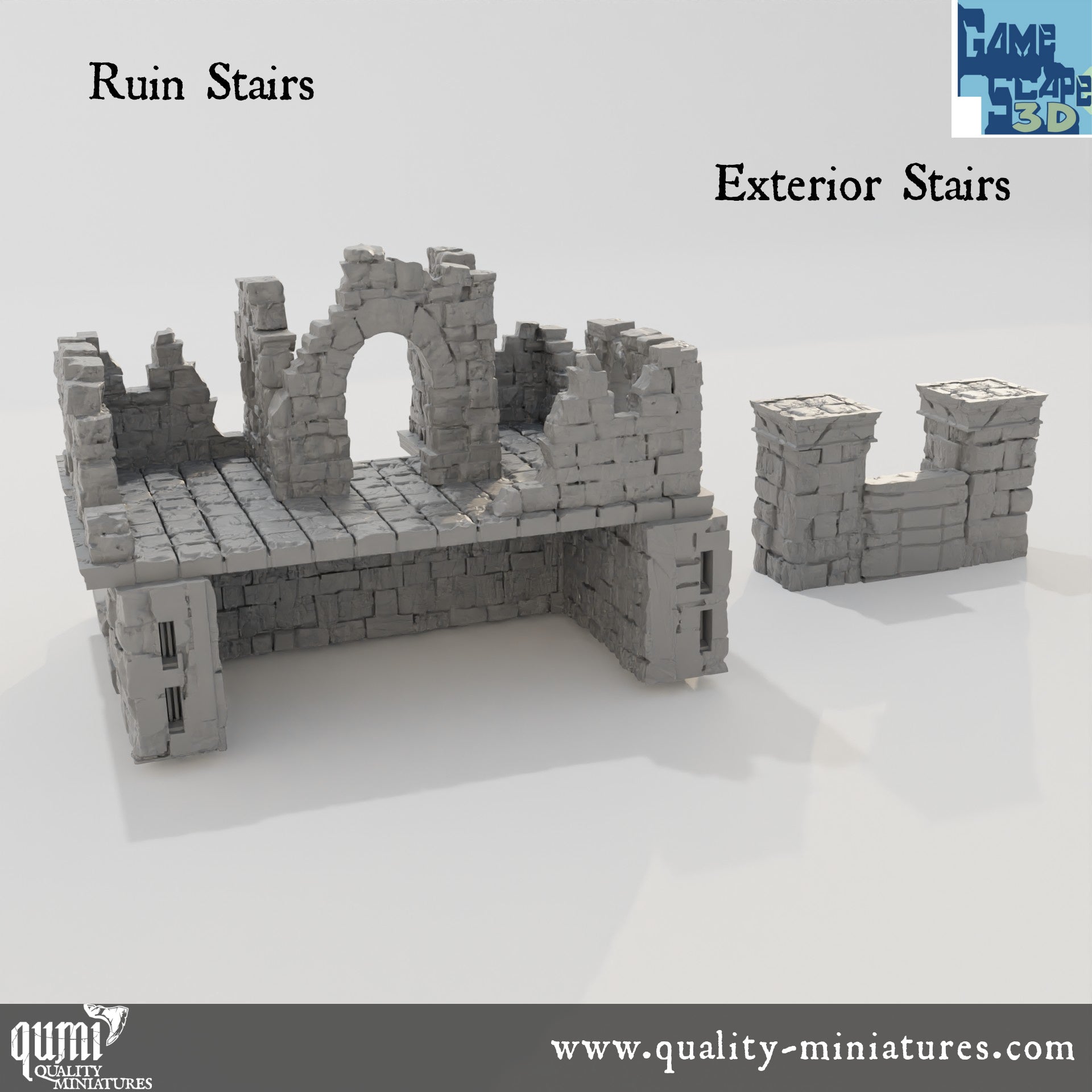 Lost City Street Ruin Stairs and Exterior Stairs - Resin Print - Tabletop RPG Terrain - GameScape3D - Qumi Quality Miniatures - Qumi