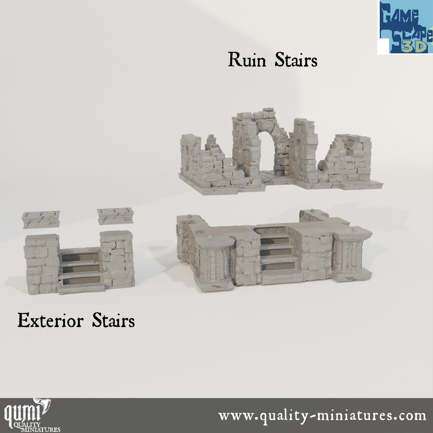 Lost City Street Ruin Stairs and Exterior Stairs - Resin Print - Tabletop RPG Terrain - GameScape3D - Qumi Quality Miniatures - Qumi