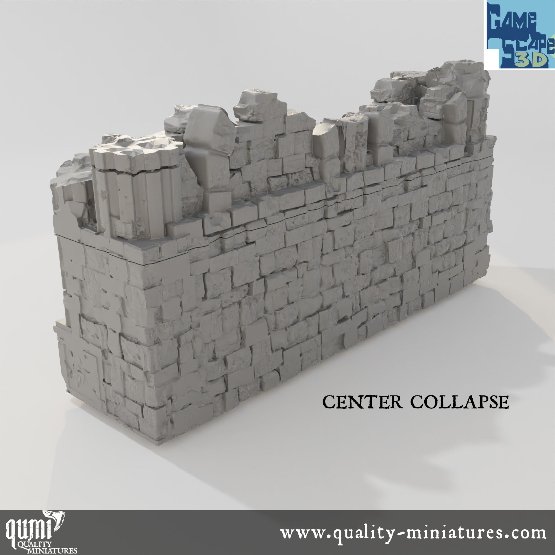 Ruin Wall Center Collapse - Resin Print - Tabletop RPG Terrain - GameScape3D - Qumi Quality Miniatures - Qumi